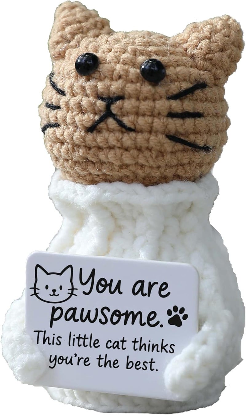 YOOJEE Positive Crochet Animals Cat – “You are Pawsome” Valentines Day Crochet Gift for Her Teens Women Adults Mom, Emotional Support Animal, Teacher Appreciation, Birthday Gift, Desk & Home Decor - Image 1